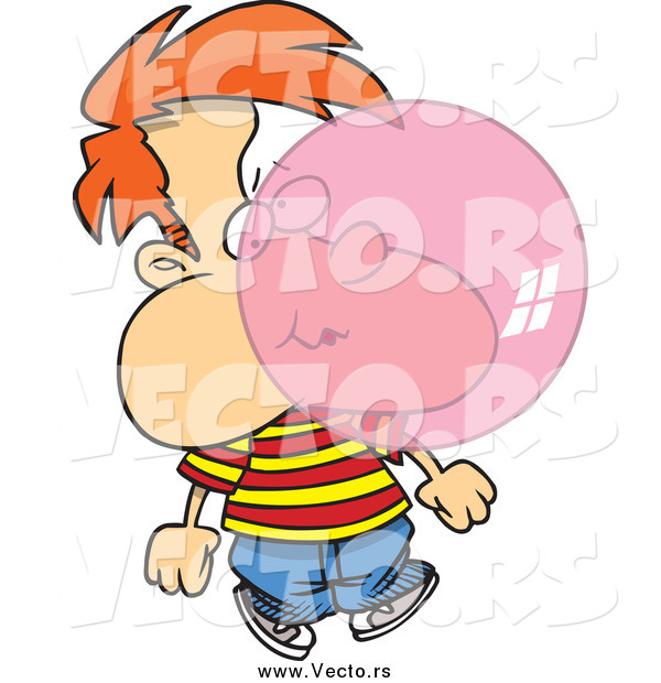 Vector of a Cartoon White Boy Blowing Bubble Gum