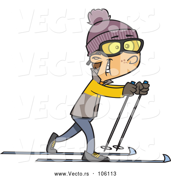 Vector of a Cartoon White Boy Cross Country Skiing