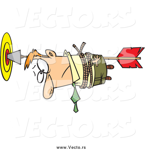 Vector of a Cartoon White Businessman Tied to an Arrow in a Target