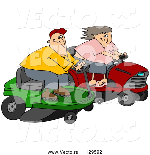 Vector of a Cartoon White Couple, a Guy and Lady, Racing Eachother on Riding Lawn Mowers