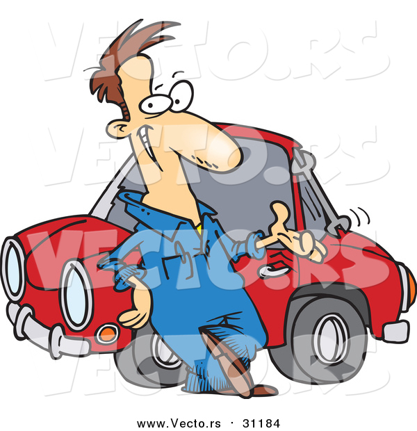 Vector of a Cartoon White Male Auto Mechanic Tossing a Wrench