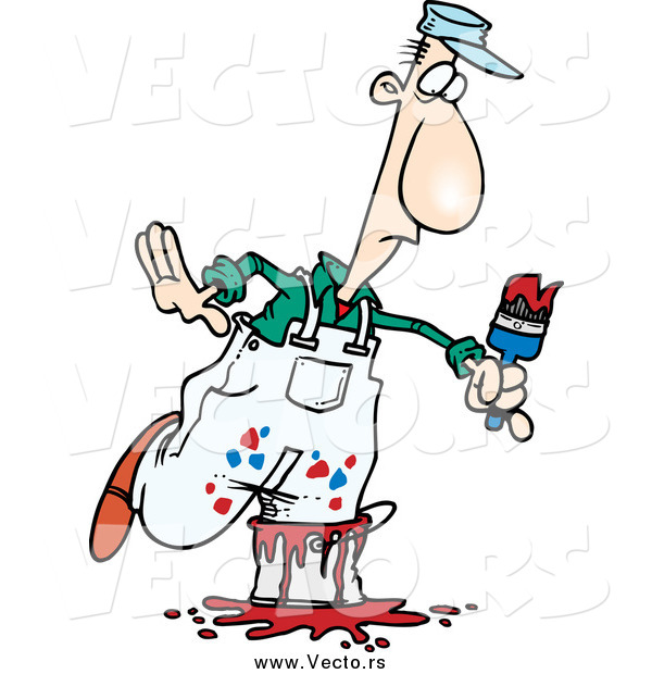 Vector of a Cartoon White Male Painter Stepping in a Bucket