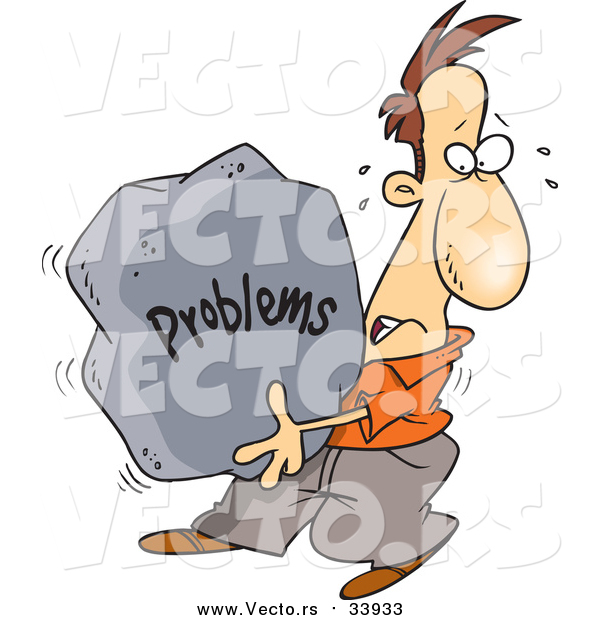 Vector of a Cartoon White Man Carrying a Heavy Problem Rock