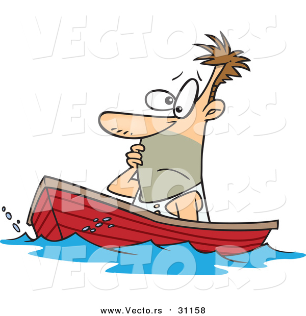 Vector of a Cartoon White Man Drifting in a Boat
