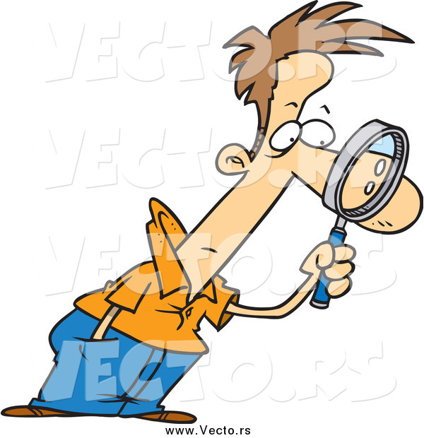 Vector of a Cartoon White Man Leaning Forward and Examining with a Magnifying Glass