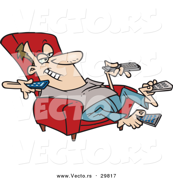 Vector of a Cartoon White Man Sitting in a Recliner and Holding Many Remote Controls