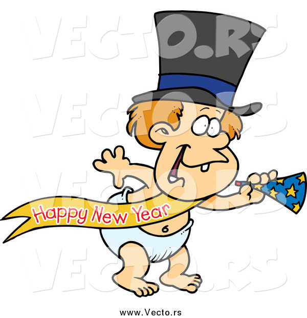 Vector of a Cartoon White New Years Baby with a Horn