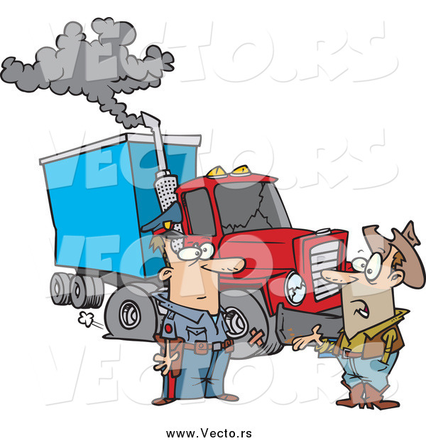 Vector of a Cartoon White Police Man Assisting a Trucker with a Broken down Rig