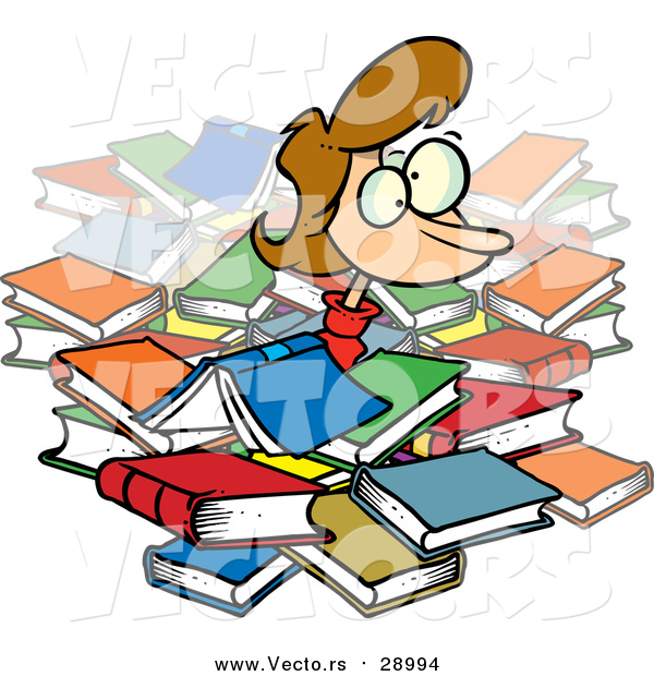 Vector of a Cartoon White Woman Buried in Books