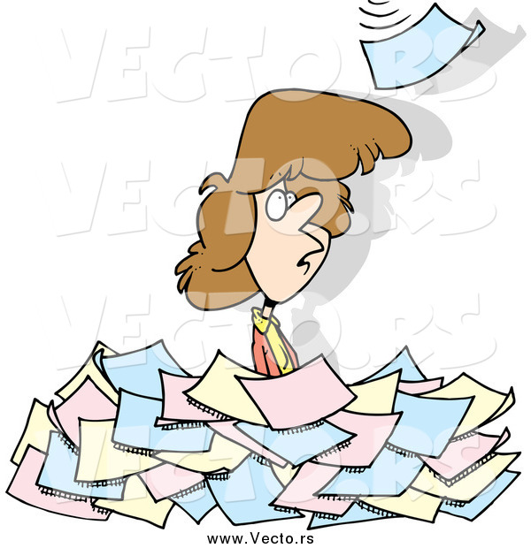 Vector of a Cartoon White Woman Standing in a Pile of Paperwork