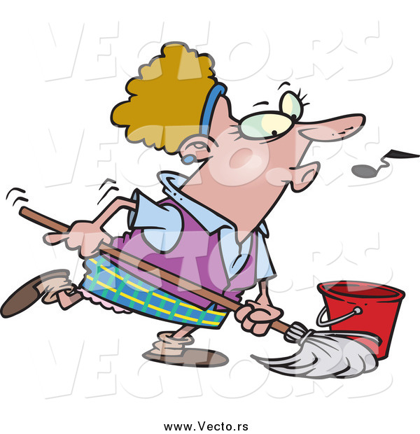 Vector of a Cartoon White Woman Whistling While Mopping
