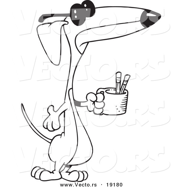 Vector of a Cartoon Wiener Dog Holding a Pencil Cup - Outlined Coloring Page