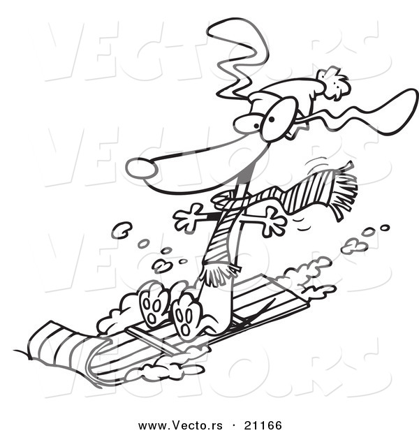 Vector of a Cartoon Wiener Dog Sledding - Coloring Page Outline