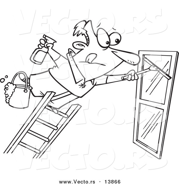 Vector of a Cartoon Window Cleaner Leaning Far over a Ladder - Coloring Page Outline