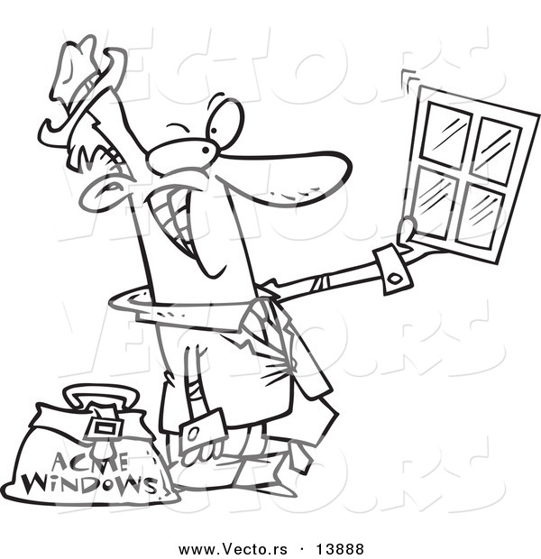 Vector of a Cartoon Window Salesman Holding up a Window - Coloring Page Outline