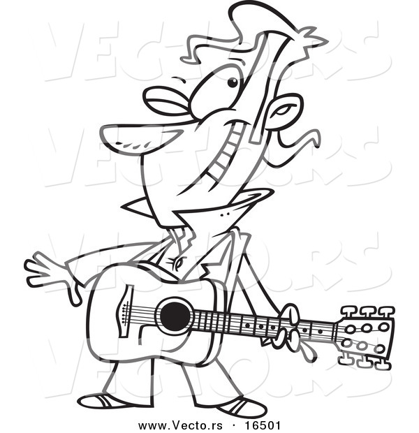 Vector of a Cartoon Winking Male Guitarist - Outlined Coloring Page Drawing