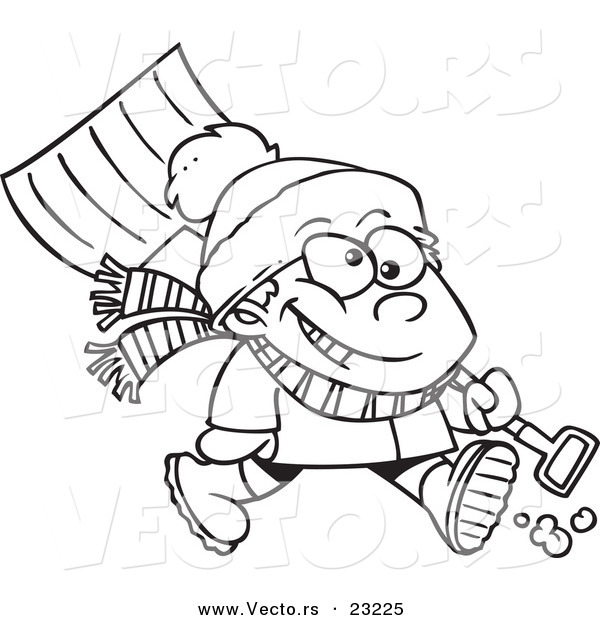 Vector of a Cartoon Winter Boy Carrying a Snow Shovel - Coloring Page Outline