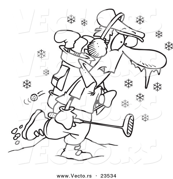 Vector of a Cartoon Winter Golfer - Coloring Page Outline