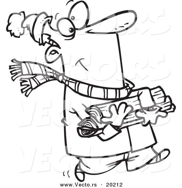 Vector of a Cartoon Winter Man Carrying Firewood - Outlined Coloring Page
