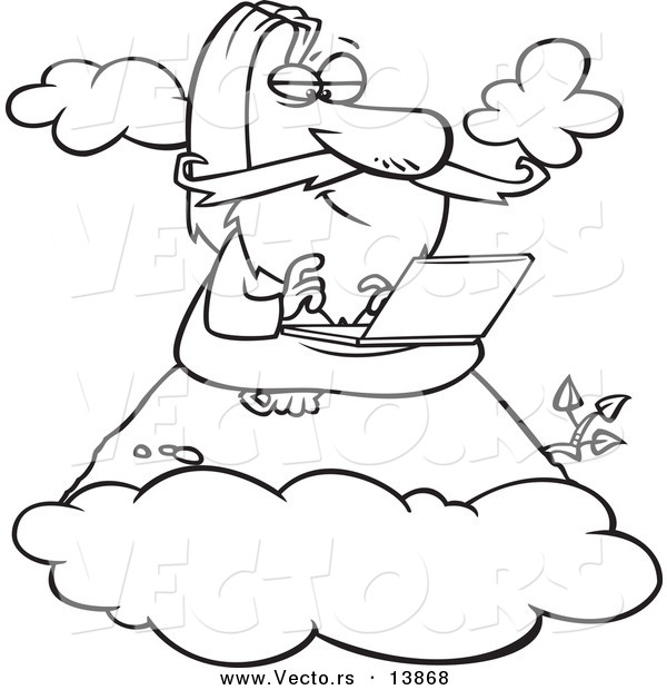 Vector of a Cartoon Wise Man Using a Laptop on a Mountain - Coloring Page Outline