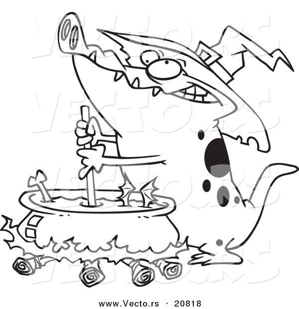 Vector of a Cartoon Witch Alligator Sitrring a Cauldron - Coloring Page Outline
