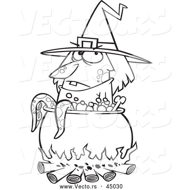 Vector of a Cartoon Witch Beside a Boiling Cauldron Cooking Tentacles - Outline