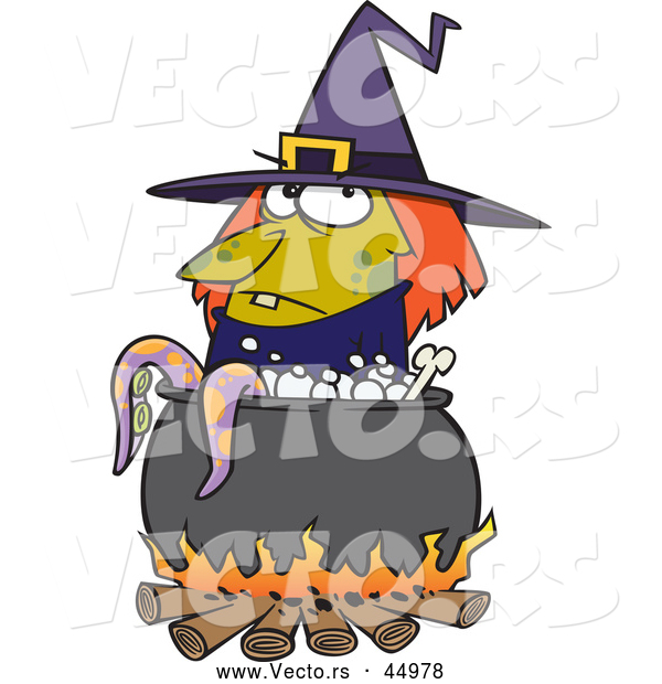 Vector of a Cartoon Witch Boiling Tentacles in a Cauldron