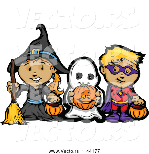 Vector of a Cartoon Witch, Ghost, and Super Hero