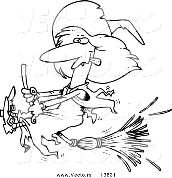 Vector of a Cartoon Witch Halting Her Broomstick - Coloring Page Outline