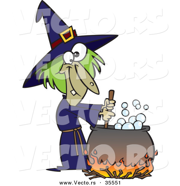 Vector of a Cartoon Witch Mixing Potion in Cauldron over a Fire on Halloween