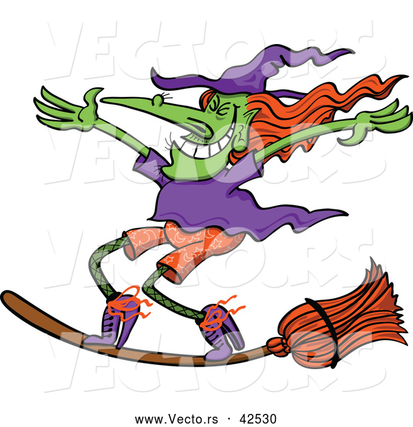 Vector of a Cartoon Witch Standing on Her Broom Stick While Flying