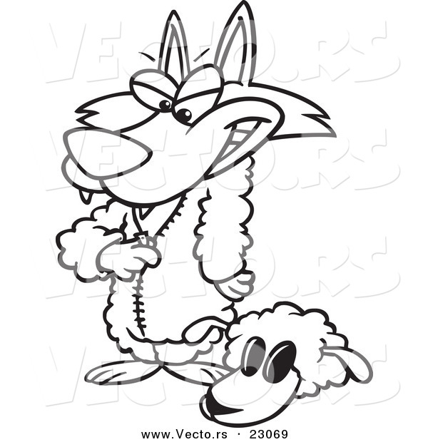 Vector of a Cartoon Wolf Dressing in Sheeps Clothing - Coloring Page Outline