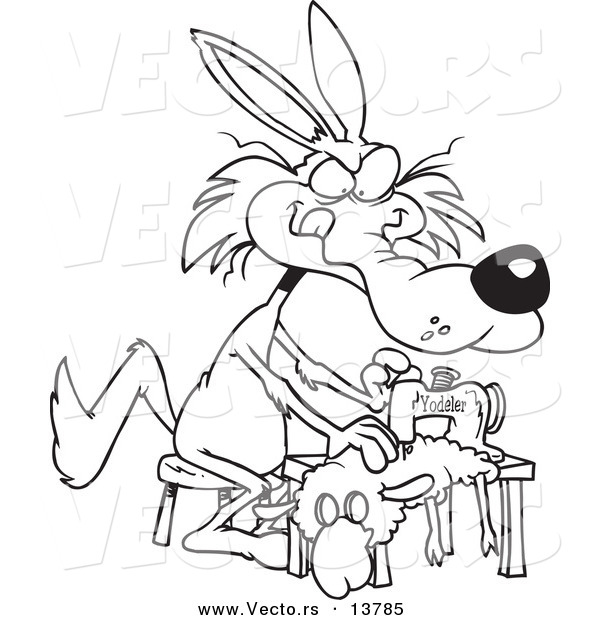 Vector of a Cartoon Wolf Sewing a Sheep Costume - Coloring Page Outline
