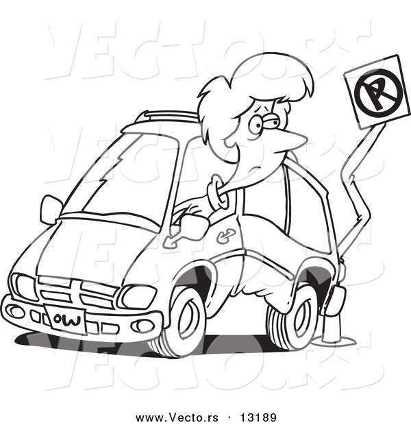 Vector of a Cartoon Woman Backing Her Minivan into a Pole - Coloring Page Outline