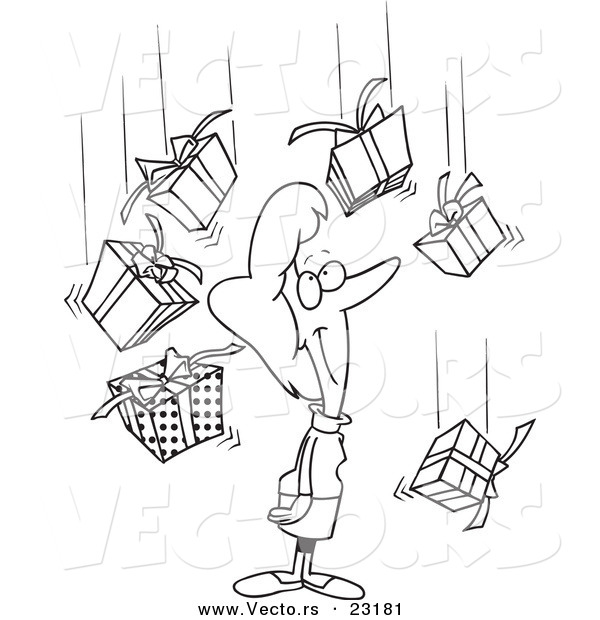 Vector of a Cartoon Woman Being Showered in Gifts - Coloring Page Outline