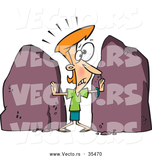 Vector of a Cartoon Woman Being Squished Between Two Big Rocks