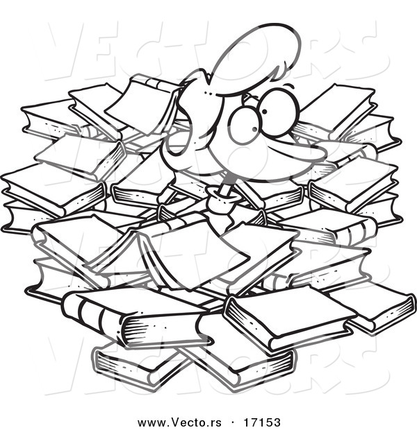 Vector of a Cartoon Woman Buried in Books - Coloring Page Outline