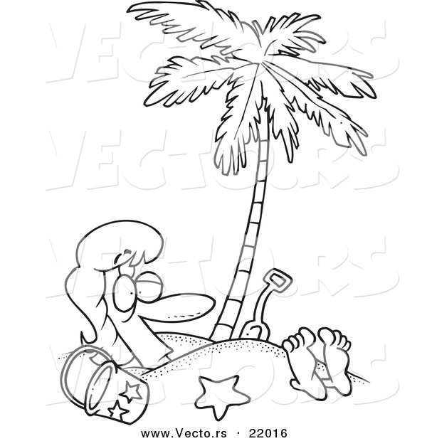 Vector of a Cartoon Woman Buried in Sand Under a Palm Tree - Outlined Coloring Page