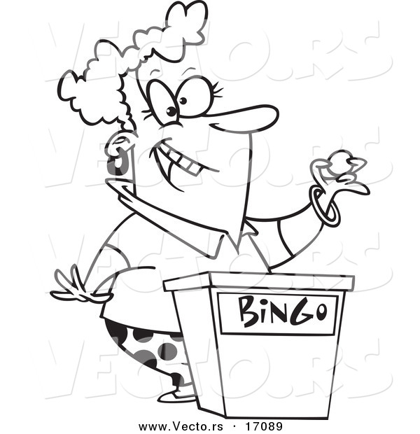 Vector of a Cartoon Woman Calling Bingo Numbers - Coloring Page Outline