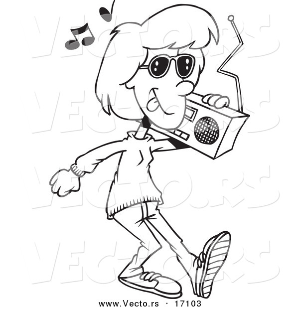 Vector of a Cartoon Woman Carrying a Boom Box - Coloring Page Outline