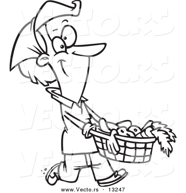 Vector of a Cartoon Woman Carrying a Harvest Basket - Coloring Page Outline