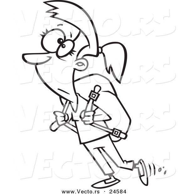 Vector of a Cartoon Woman Carrying a Heavy Backpack - Outlined Coloring Page