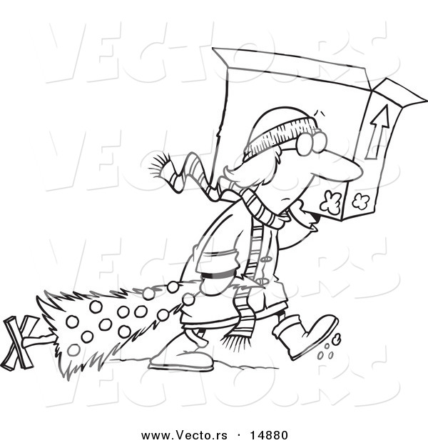 Vector of a Cartoon Woman Carrying a Moving Box and Dragging Her Christmas Tree - Coloring Page Outline