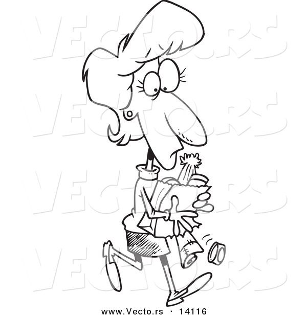 Vector of a Cartoon Woman Carrying a Ripping Grocery Bag - Coloring Page Outline