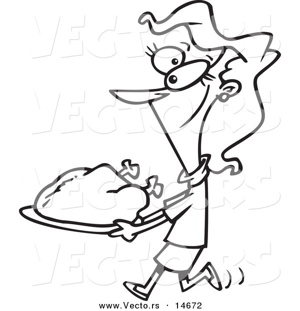 Vector of a Cartoon Woman Carrying a Roasted Turkey - Coloring Page Outline