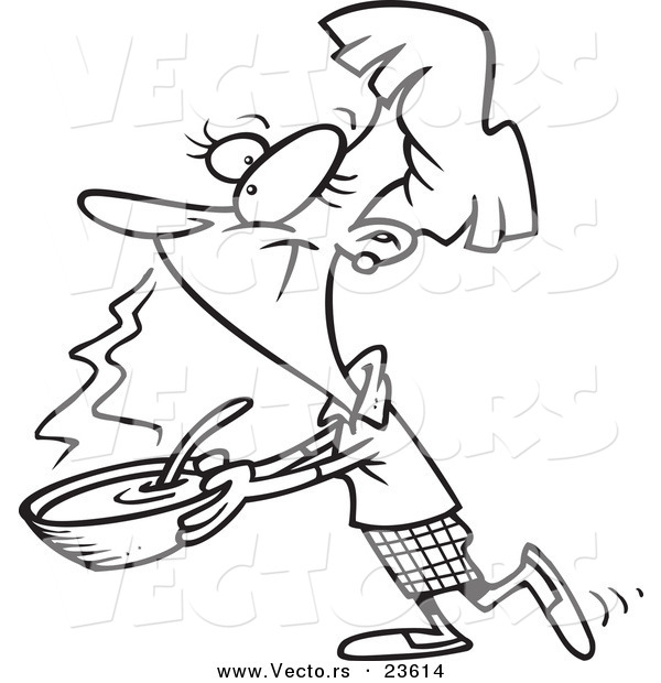 Vector of a Cartoon Woman Carrying Soup - Coloring Page Outline