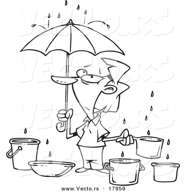 Vector of a Cartoon Woman Catching Water from Leaks - Outlined Coloring Page