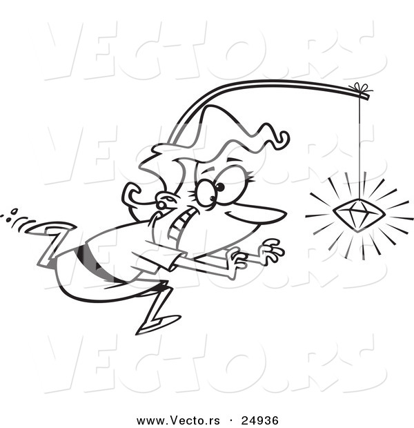 Vector of a Cartoon Woman Chasing a Sparkling Diamond on a Stick - Outlined Coloring Page