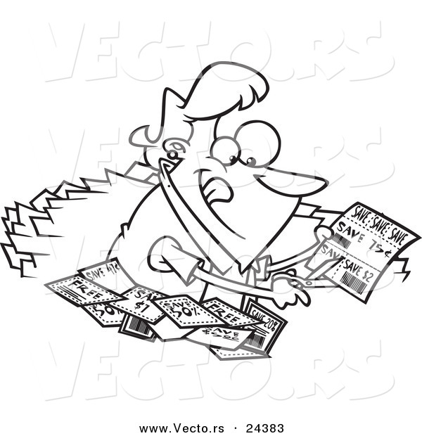 Vector of a Cartoon Woman Clipping Coupons - Outlined Coloring Page