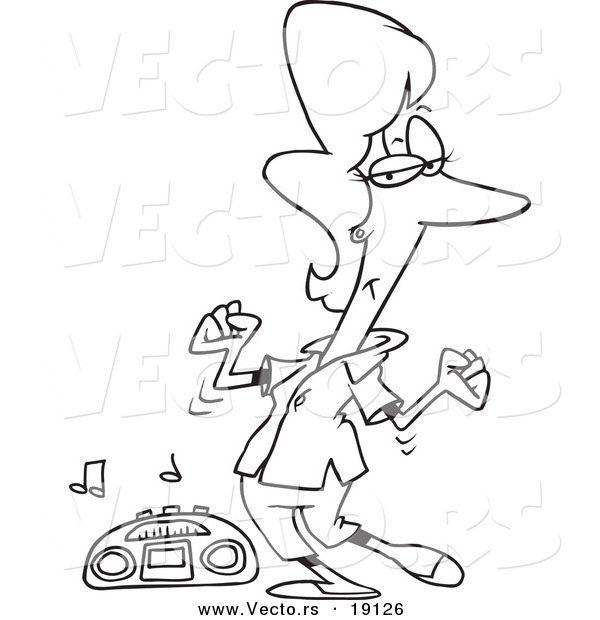 Vector of a Cartoon Woman Dancing by a Radio - Outlined Coloring Page